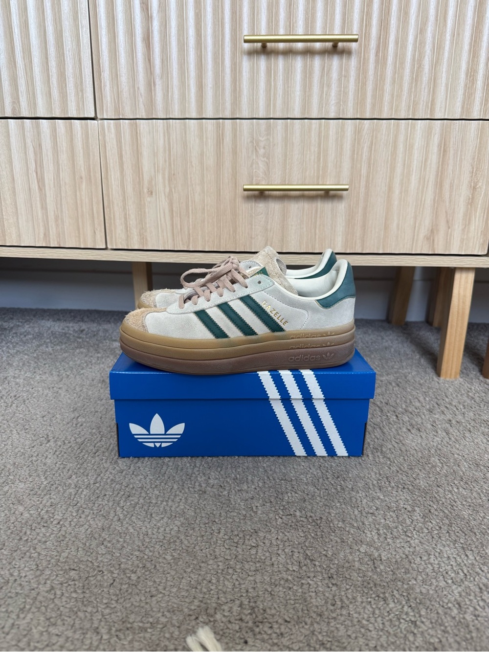 adidas Gazelle Bold Beige and Green Platform Sneakers